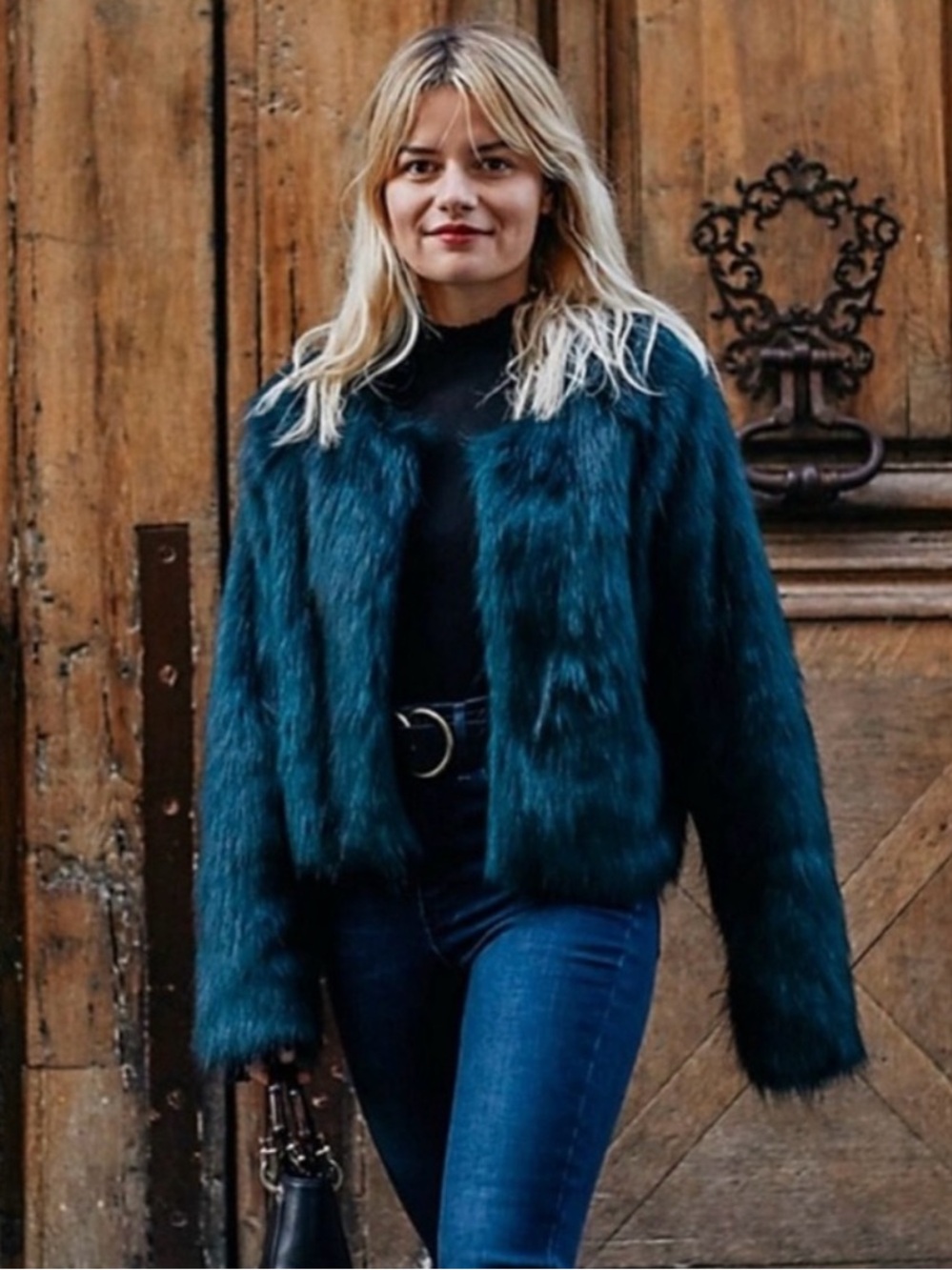 Free People Frankie Faux Fur Jacket Dark Emerald Green Teal Coat Size Medium